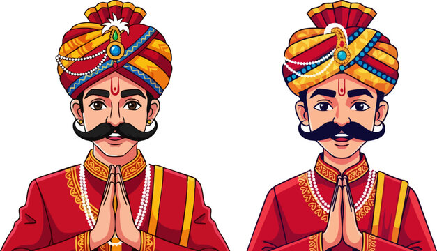Two Indian men in traditional Rajasthani attire with turbans and mustaches, performing Namaste gesture, isolated on a white background. Created in a detailed cartoon vector style with vibrant