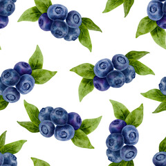 Blueberry seamless pattern, watercolor berries with green leaves isolated on white background. Hand painted botanical repeat for packaging, textile, wrapping, organic branding and summer design.