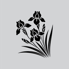 A minimalist black silhouette of three iris flowers with long slender leaves on a gray background