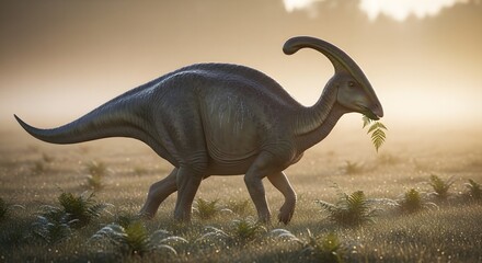 Fototapeta premium A prehistoric Parasaurolophus walking in a misty, grassy environment with a leaf in its mouth
