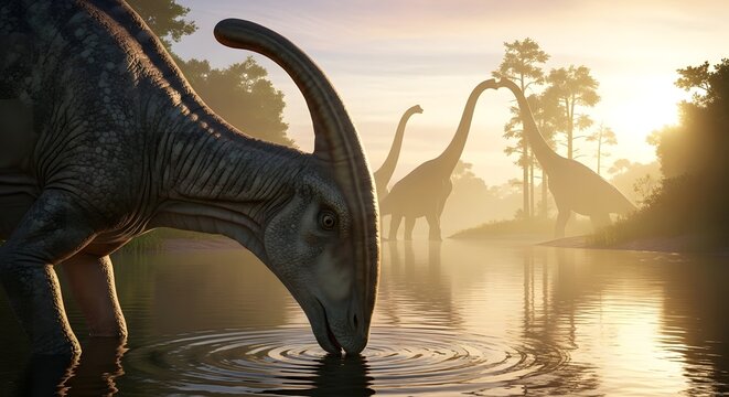 A serene scene of dinosaurs at a watering hole during sunrise, with a parasaurolophus drinking peacefully 