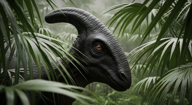 A detailed view of a Parasaurolophus among palm leaves. The creature is dark grey and has an impressive crest on its head. The environment appears lush with green plants