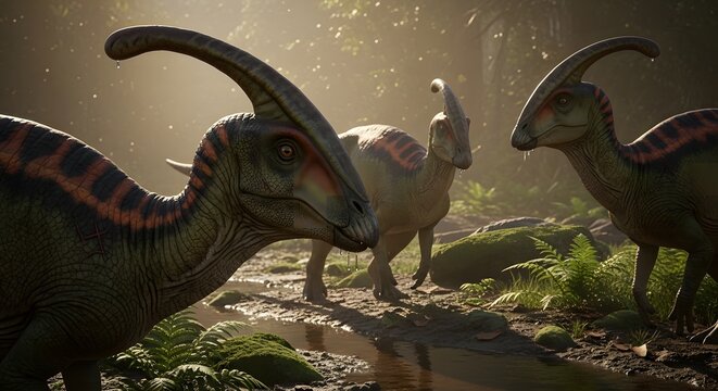 Three Parasaurolophus in a prehistoric forest scene under warm light, showing their distinctive head crests and textured skin