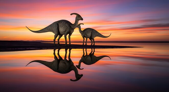 Two parasaurolophus standing at the water's edge reflect the serene sunset sky 