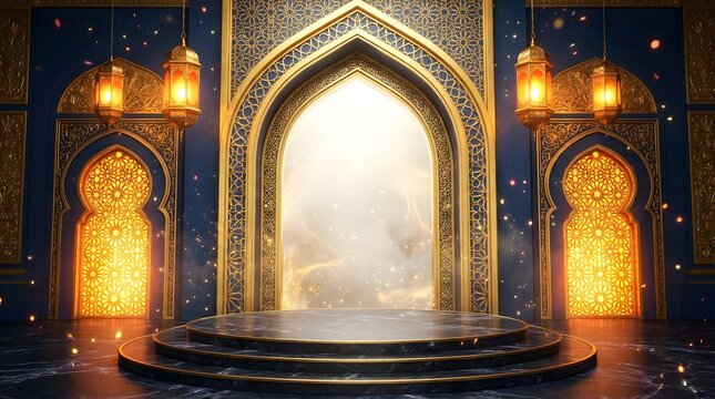 Ornate islamic stage design featuring glowing lanterns and a grand golden arched entryway for celebratory events