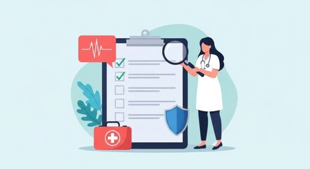 Doctor reviewing medical checklist with magnifying glass