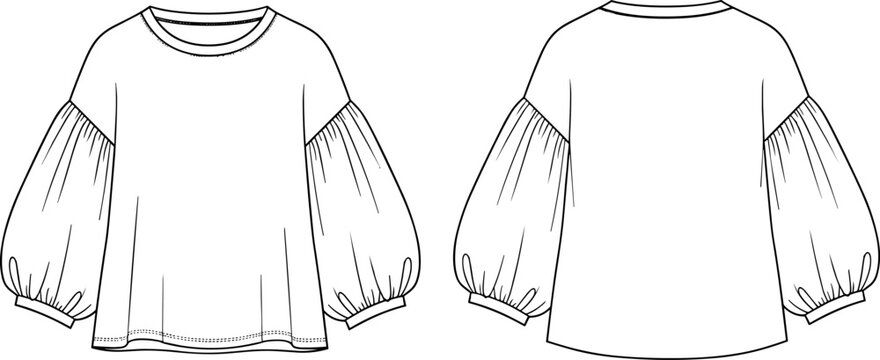 Balloon Sleeve Blouse Front and Back View Flat Fashion CAD Outline Template Elegant Casual Apparel Illustration
