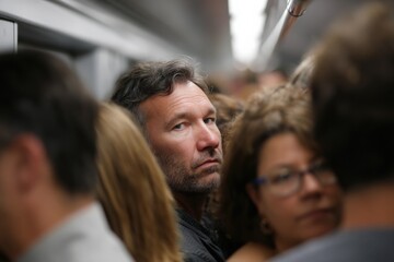 Obraz premium Middle-aged caucasian male in crowded subway with diverse passengers