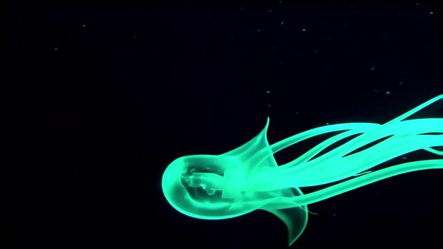 Slow-motion video of a glowing box jellyfish with long luminous tentacles swimming gracefully in dark underwater environment