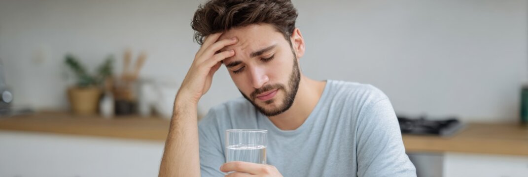 Young caucasian male feeling unwell holding glass of water at home