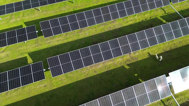 A cinematic 4K aerial drone video filmed in a solar farm in the province of Cadiz Andalusia Spain. The drone starts very close above a solar panel and ascends vertically revealing a wide panorama of