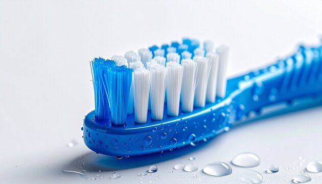 "Blue toothbrush with white bristles covered in water droplets, close-up detail emphasizing hygiene, freshness, and dental care routine."
