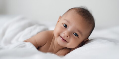 Smiling asian baby lying on white blanket