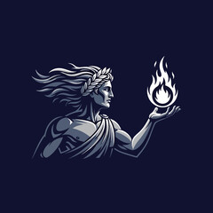 Fototapeta premium Mythological Deity Holding Divine Fire Emblem - Ancient God Vector Illustration Profile View
