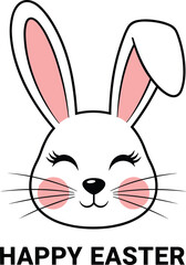 Obraz premium Cute smiling white Easter bunny face with pink cheeks and long ears above happy easter text isolated on white.