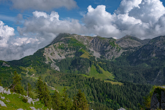Mountain covered in green forest illuminated by warm summer sun through clouds