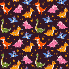 Seamless pattern with cute party dinosaurs. Flat vector background with Triceratops, Brachiosaurus, Pterodactyl, Tyrannosaurus, Stegosaurus for kids decor, textile print, birthday wrapping paper © Coxic25