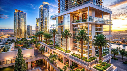 Fototapeta premium Elegant urban highrise apartments and towers glow at dusk, showcasing tropical landscaping, city views and luxury living