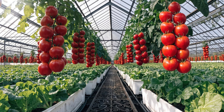 Vibrant greenhouse rows with hanging tomatoes and lush greens