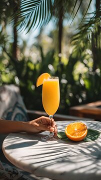 A hand holds a tall glass of orange juice garnished with an orange slice next to a cut orange on a marble table
