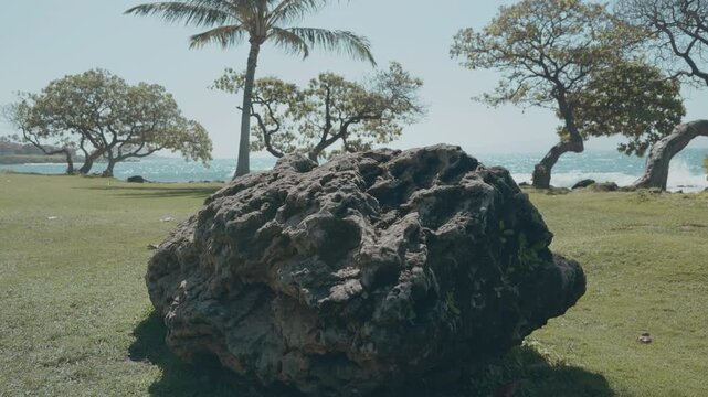 Hurricane Iwa. Storm-transported boulder. reef limestone. Wailea Beach Path, Kihei, South Maui, Hawaii.  Pacific Ocean