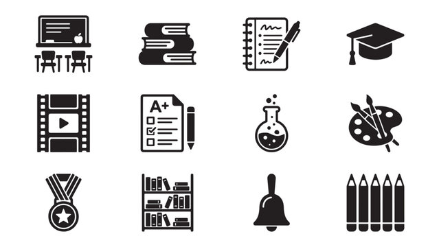 School Education and Academic Learning Icon Set for Classroom, Student Achievement and Subject Study Applications