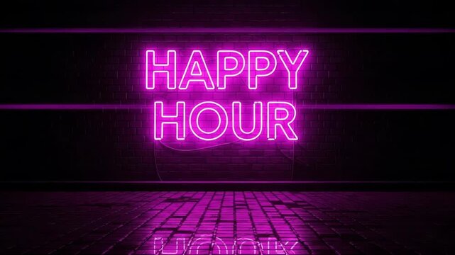 Vibrant neon Happy Hour sign glowing against a dark brick wall background