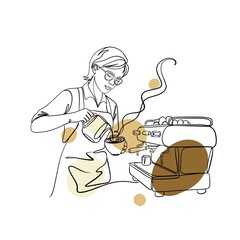 Minimalist one-line barista art with abstract shapes. Continuous line drawing of coffee making process for modern cafe branding.