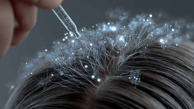 Close up of scalp with glowing hair follicles and serum dropper futuristic hair growth and trichology treatment concept