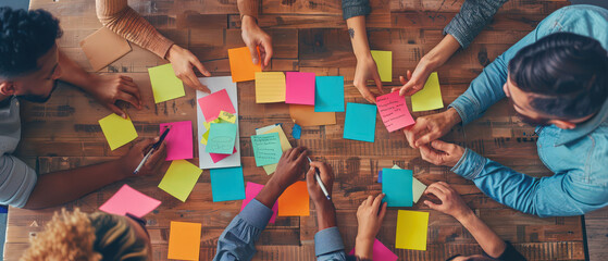 Creative team brainstorming ideas around a wooden table using colorful sticky notes. Collaboration, planning, innovation process, teamwork and modern business workshop concept.