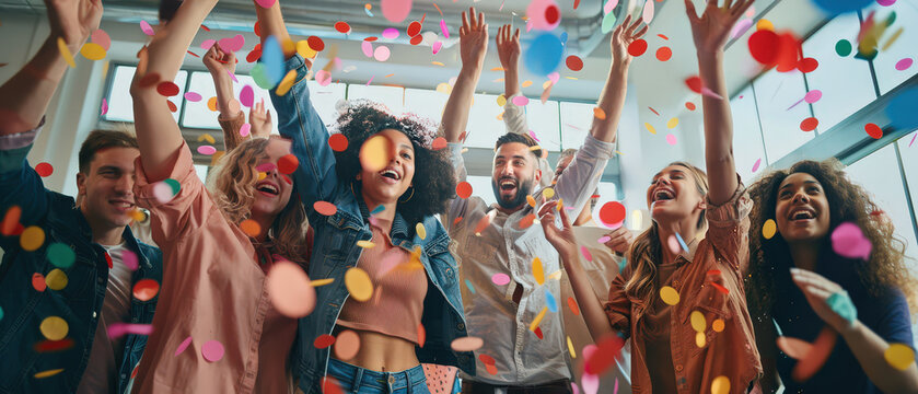 Diverse group of young professionals celebrating success with confetti in a modern office. Team achievement, startup culture, motivation, teamwork and positive work environment.