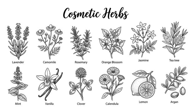 Cosmetic herb collection with lavender chamomile and rosemary