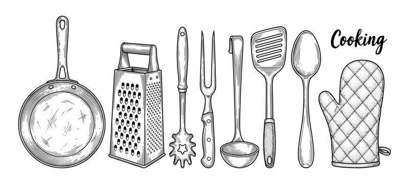 Kitchen utensil set with frying pan grater and spatula