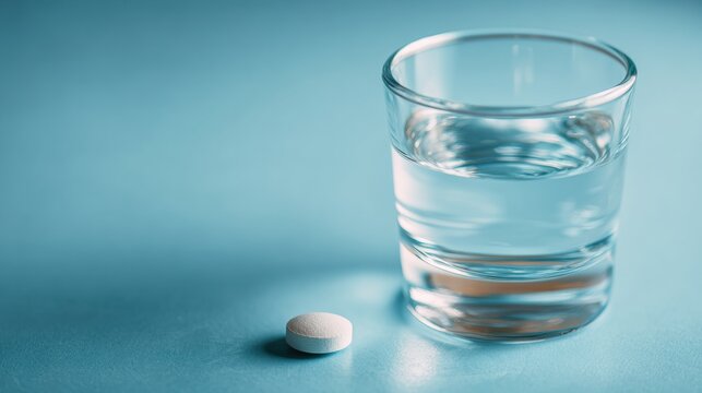 Sublingual Medication Tablet Resting on a Sterile Glass Surface With Clear Water in a Glass in Professional Lighting