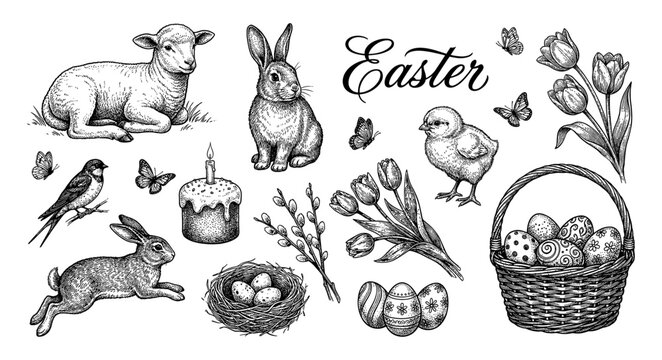 Happy Easter set with rabbit lamb and basket