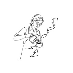 Minimalist one-line barista art with abstract shapes. Continuous line drawing of coffee making for modern cafe branding.