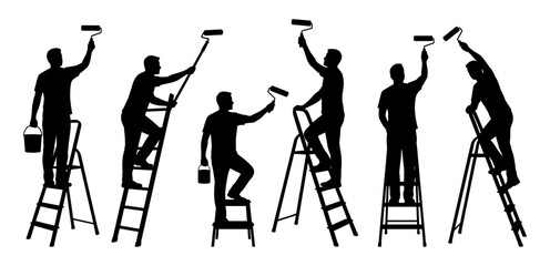House painter silhouette set with ladder and roller