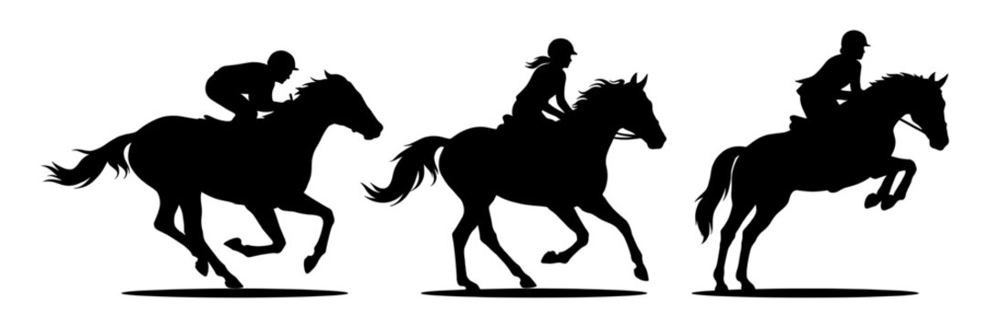 Horse rider silhouette set with jockey and jumping horse