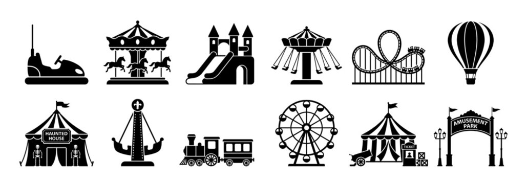 Amusement park icon set with ferris wheel and carousel
