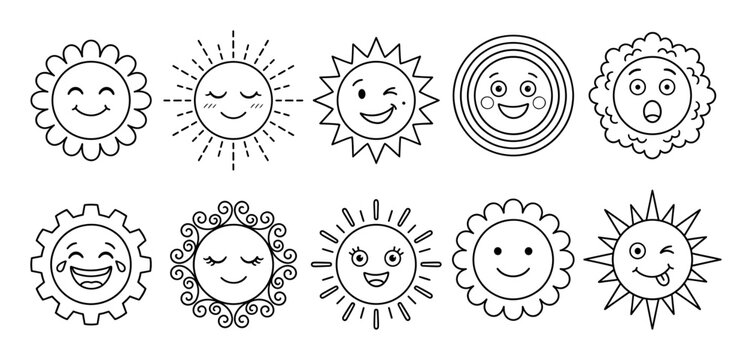 Sun emoji face and doodle character icon set