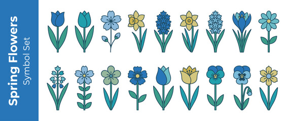 Naklejka premium Vector Icon Set of 36 Spring Flowers and Blossoms in Flat Design Style. Features Tulips, Daffodils, Hyacinths, Pansies, and Crocuses in Corporate Blue and Teal Accents for Graphic Design Projects.