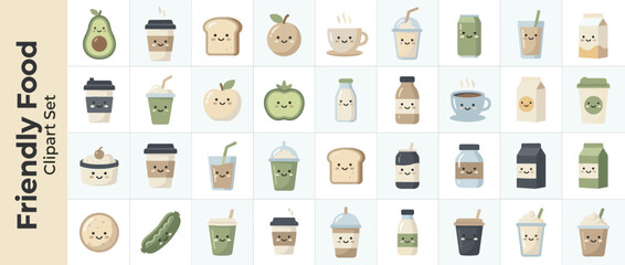 Kawaii Food and Drink Vector Icon Set with 40 Friendly Characters. Flat Design Illustration in Modern Neutral Palette. Cute Avocado, Coffee, Toast, Milk, Smoothie, and Fruit Icons for Web and Apps.