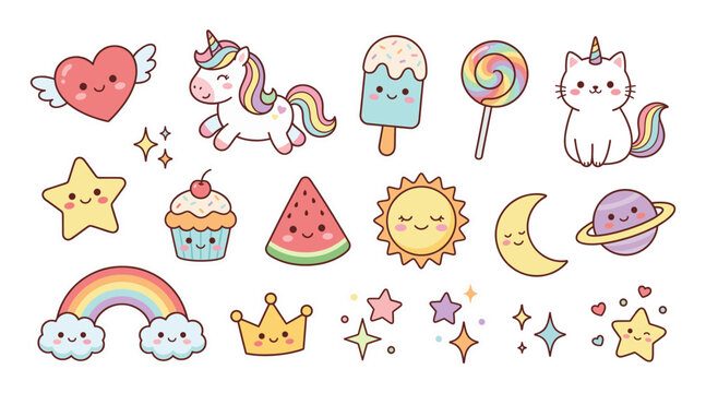 Kawaii sticker set with unicorn and rainbow