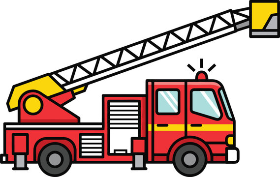 Cartoon illustration of red fire truck with extendable ladder, emergency vehicle vector artwork