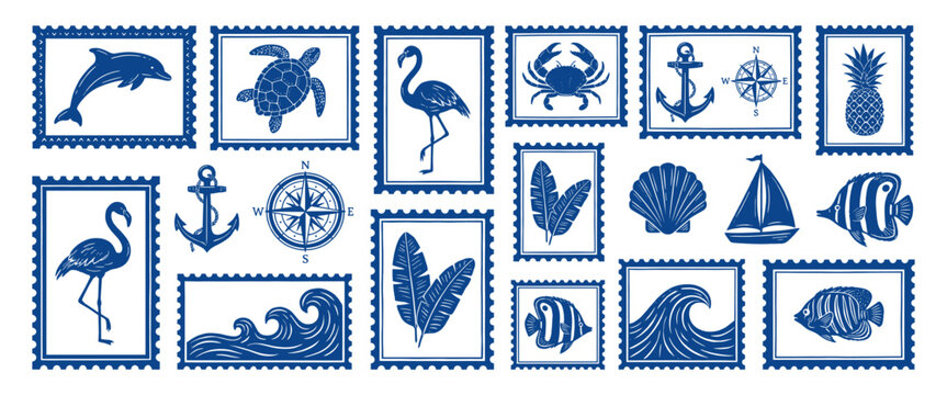 Tropical sea stamp set with dolphin and flamingo