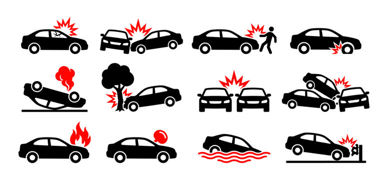 Car crash icon set with accident and collision