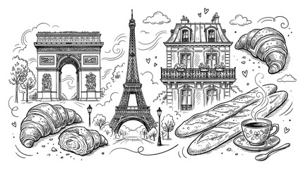 Paris landmark doodle set with Eiffel Tower and Arc de Triomphe
