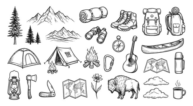 Camping and outdoor adventure hand drawn icon set