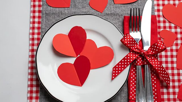 Romantic table setting with red hearts for Valentine's Day celebration