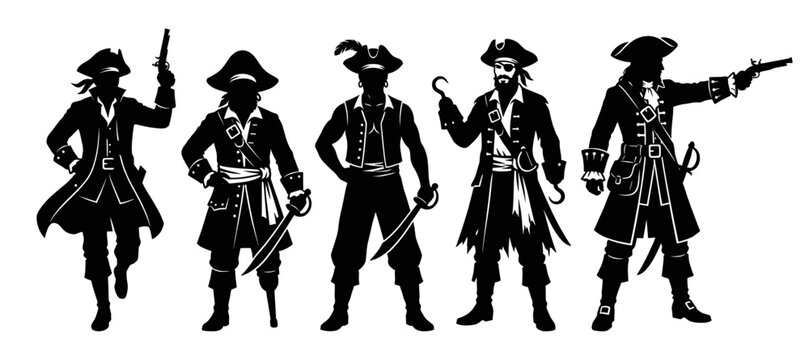 Pirate captain silhouette set with sword and pistol